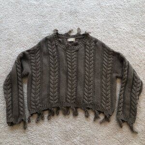 Altar'd State Boxy Knit Crop Cable Fringe Heavy Sweater